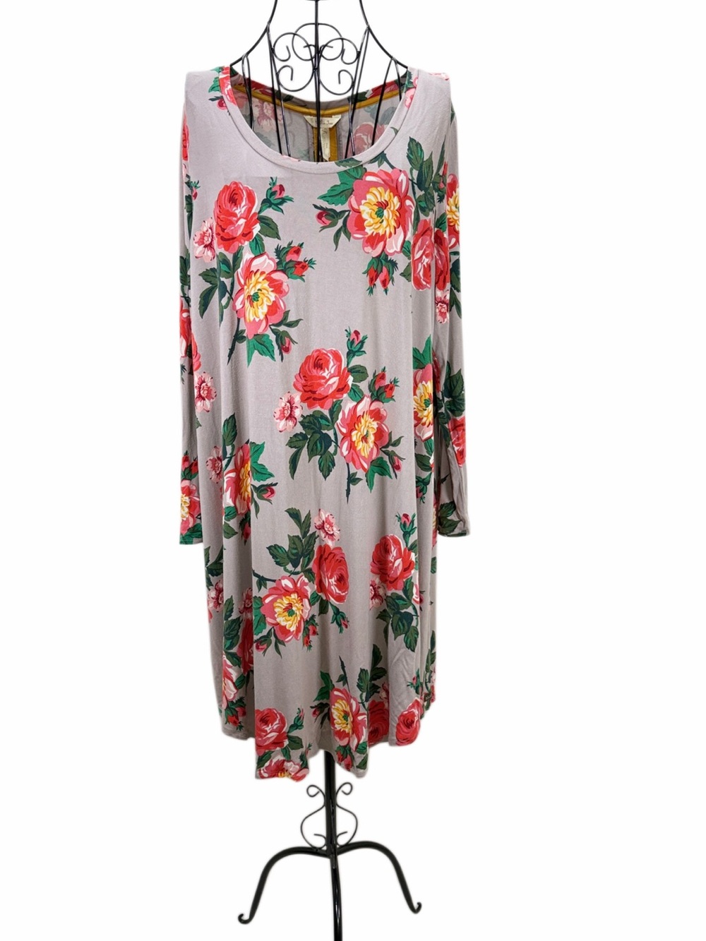 Matilda Jane Gray Floral Long Sleeve Swing Dress with Red & Yellow Blooms